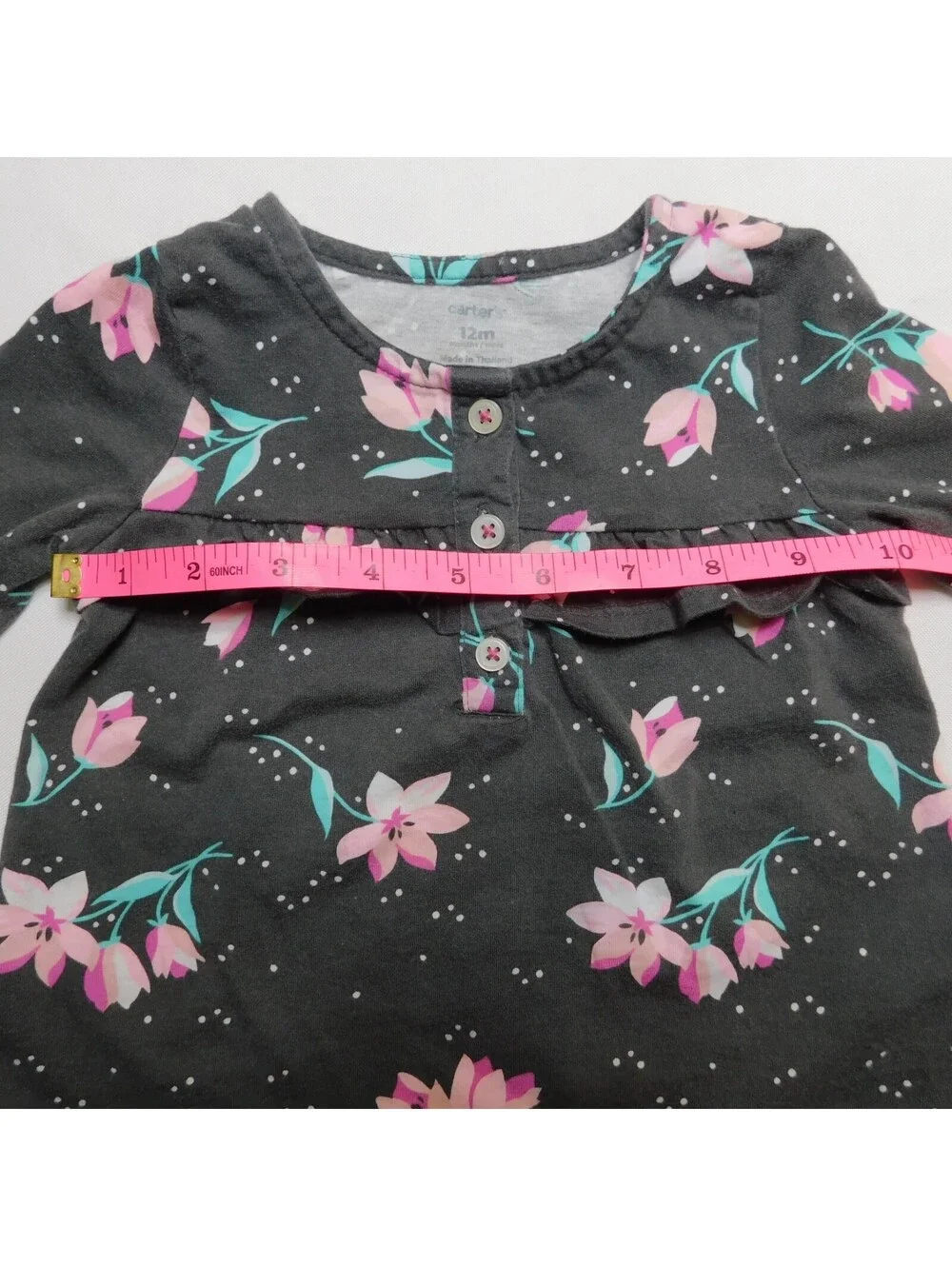 Carter's Baby Girl Long Sleeve Top Size 12M Charcoal Grey Pink Floral Ruffle Tee